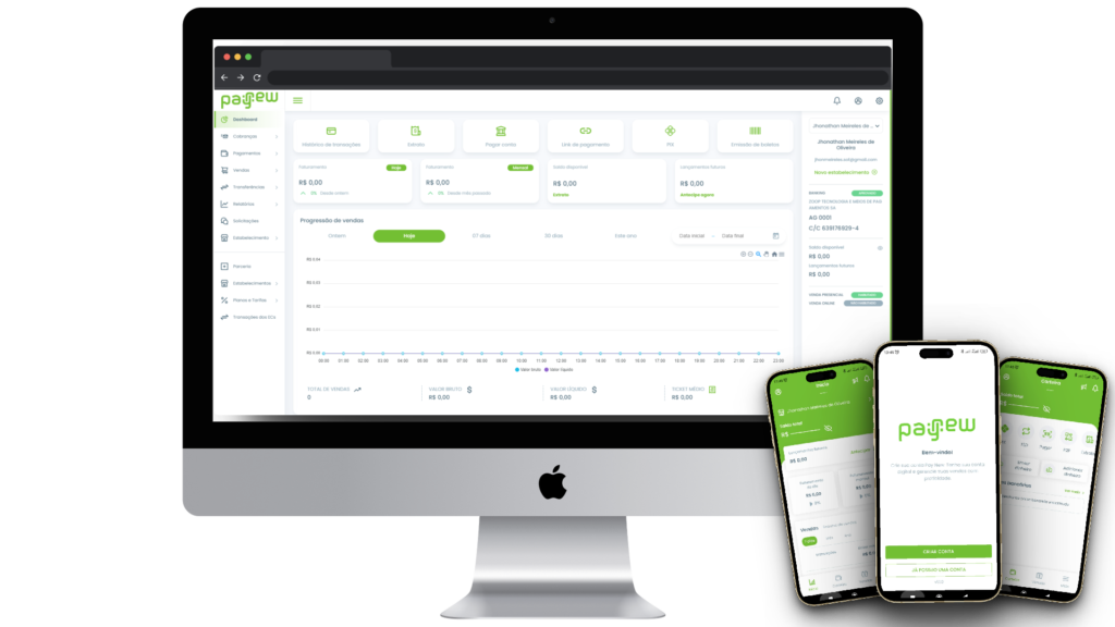Painel Pay New com relatórios de vendas
